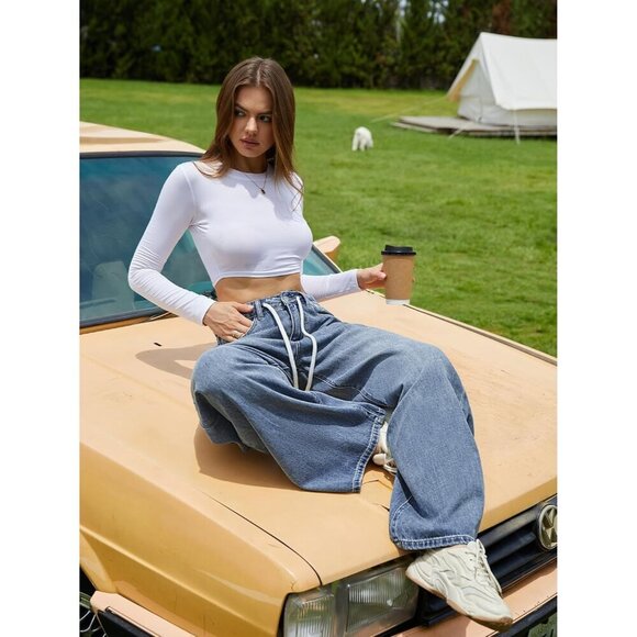 Women’s Low Rise Baggy Jeans Denim Wide Leg Casual Pockets Size 6 - Picture 4 of 5